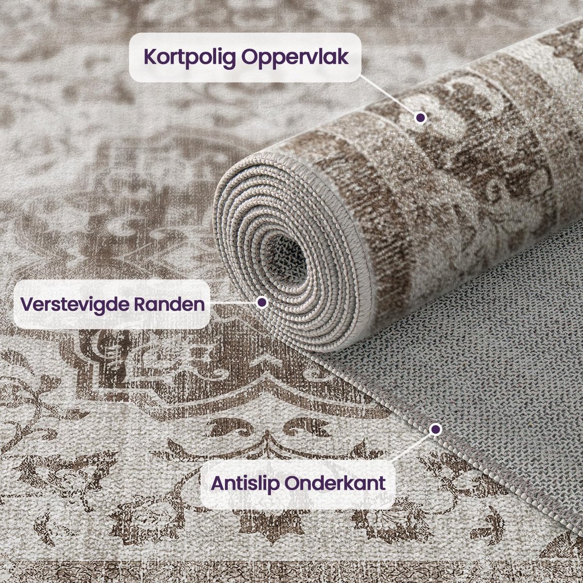 SnelShoppen - Hallway Carpet Runner 60x150cm - Antislip Vintage Loopmat - Wasbaar en Absorberend - Bruin Floral Design voor Keuken, Gang, Entree