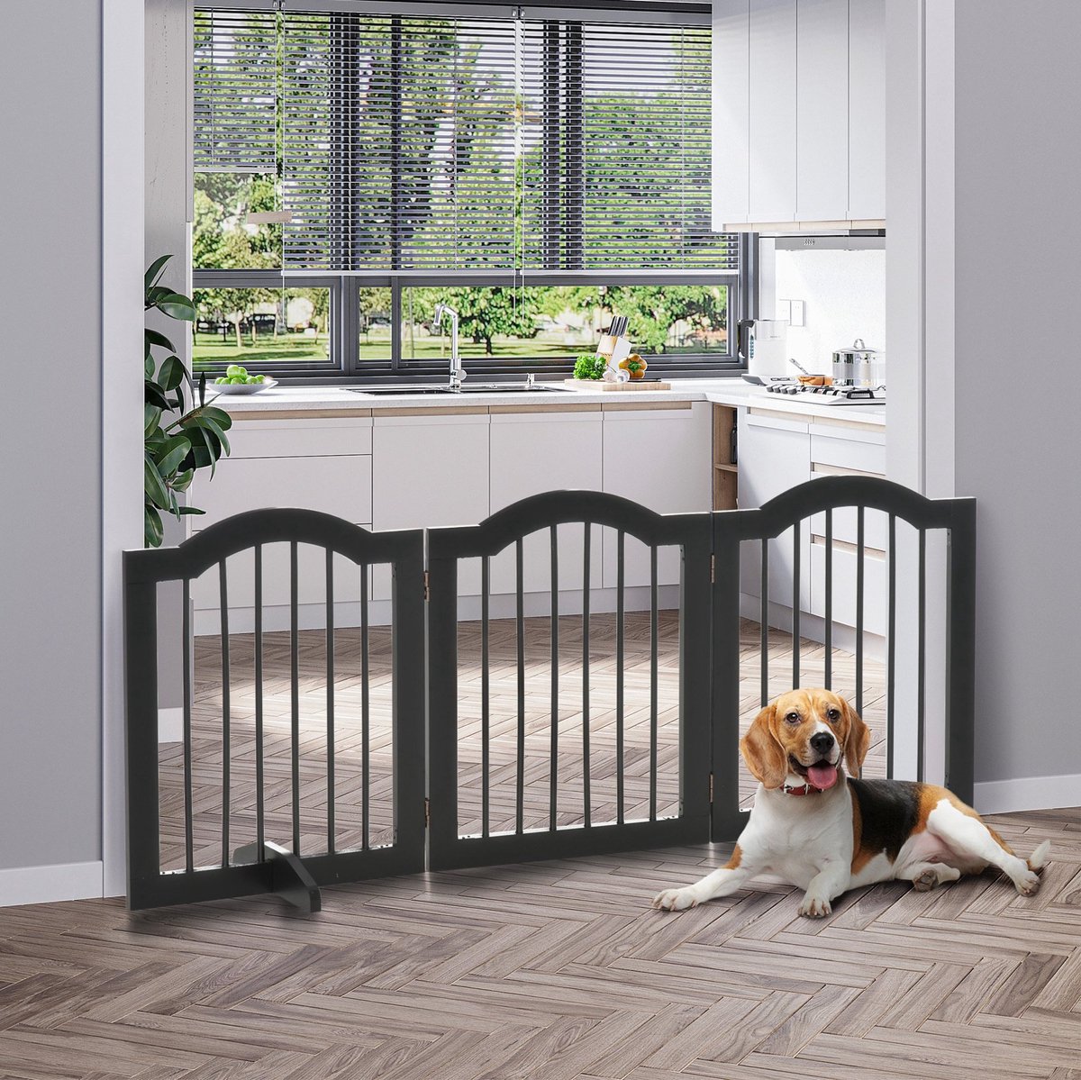 DESMIU Hondenhek – Inklapbaar 3-Delig 154,5 x 61 cm – Hout en MDF – Zwart – Voor Deuropeningen en Trappen – Met Steunvoeten