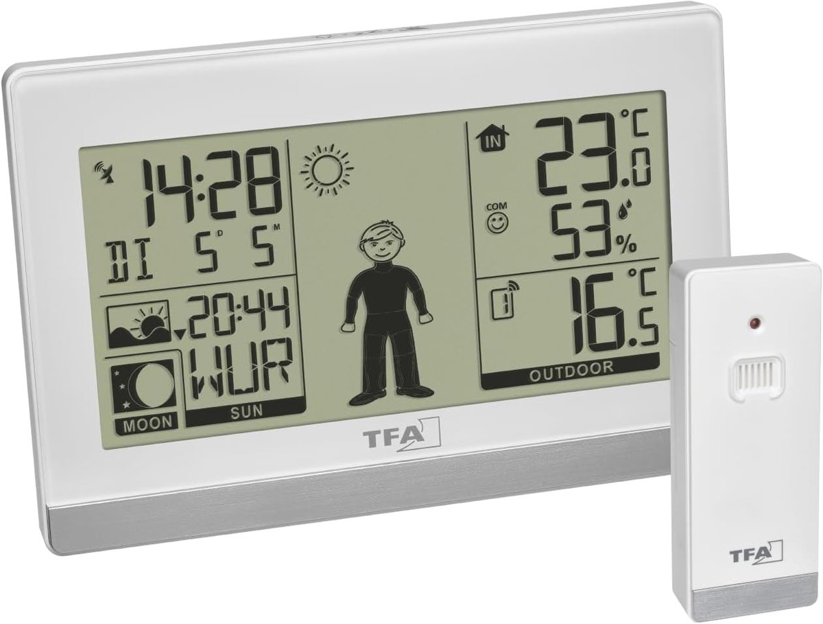 SnelShoppen - Digitale Weerstation met Binnen- en Buitentemperatuur, Alarmklok, Zonsopkomst, Maanfase, Wit, 35.1159.02, Ideaal voor Thuisgebruik en We