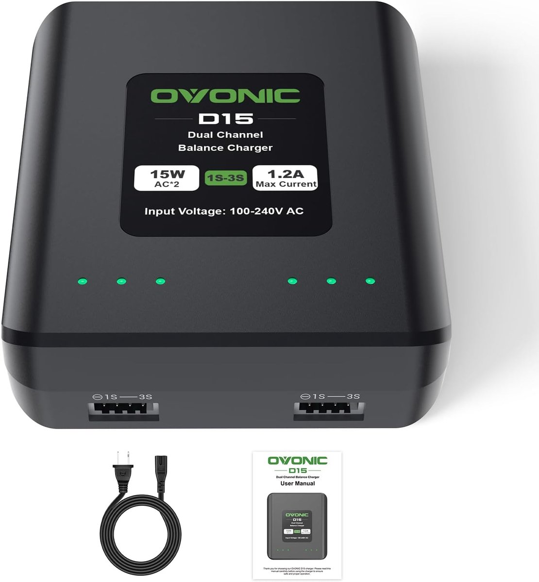 SnelShoppen - OVONIC D15 Lipo Accu Lader - Dual Channel 1.2A 15W voor 1S-3S LiPo, Life, LiHv Batterijen - Efficiënte en Snelle Oplader