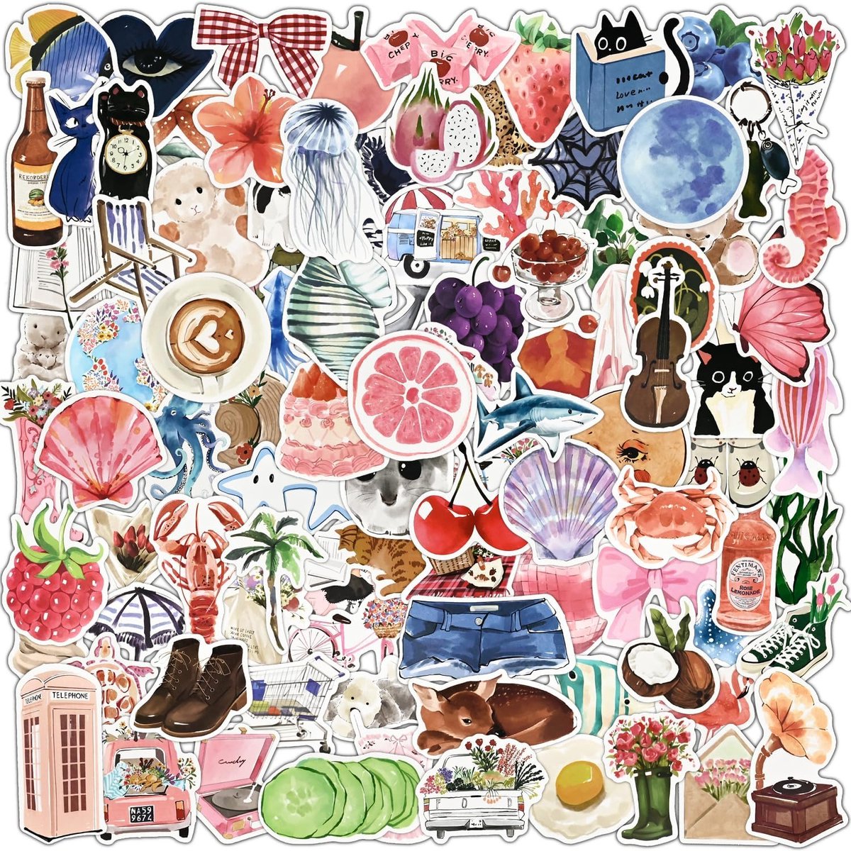 SnelShoppen - 100 Watercolor Cartoon Stickers | Aesthetic DIY Stickers voor Scrapbooking, Dagboek, Laptop, Telefoonhoesje, Creatieve Knutselprojecten
