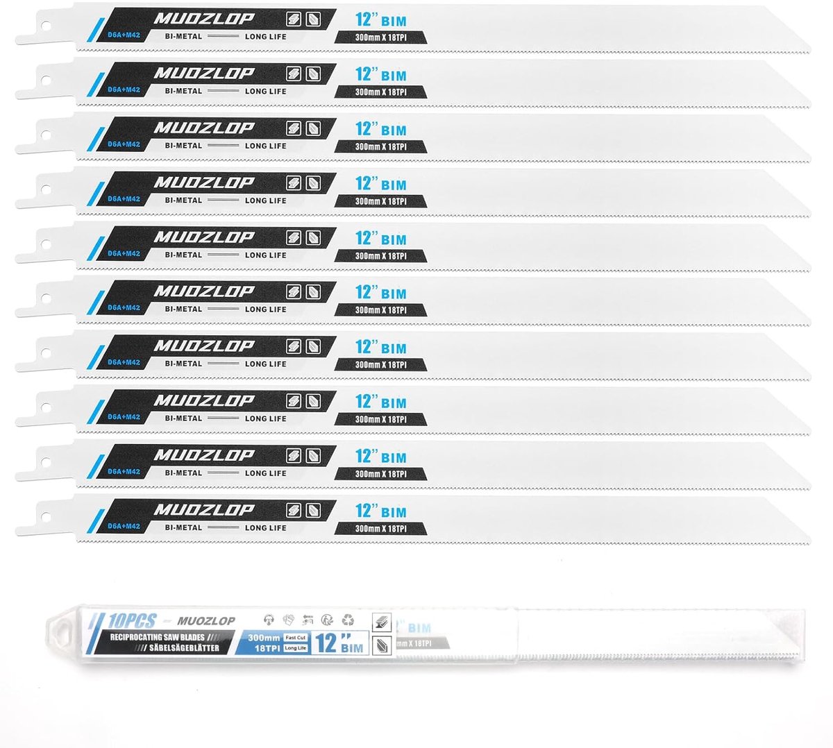 SnelShoppen - 10-pack 300mm Reciprocating Saw Blades Set - 18 TPI Bi-Metal Zaagbladen voor Metaal - Duurzame en Scherpe Zaagbladen voor Professioneel