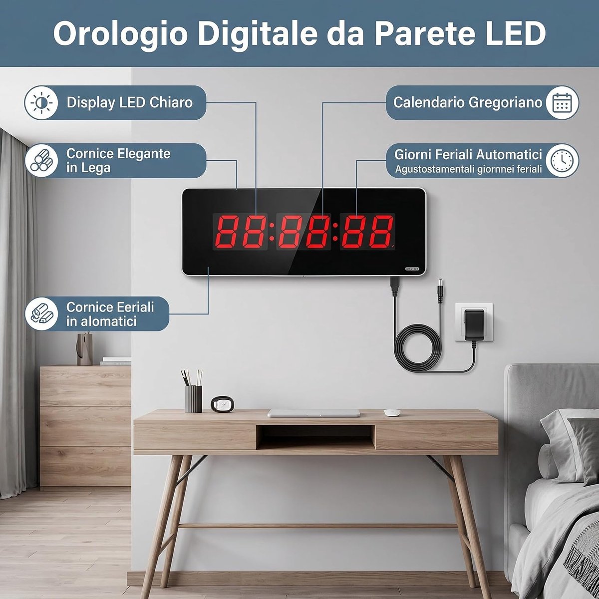 SnelShoppen - Grote LED Digitale Wandklok Aluminium Display Minuten Seconden - Multifunctioneel voor Wand en Tafel, Elegante Klok voor Elk Interieur