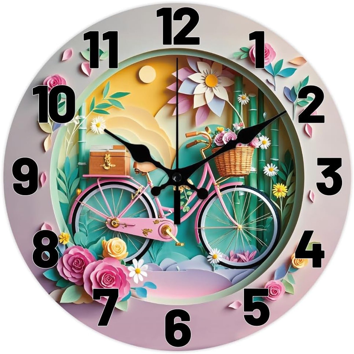 SnelShoppen - 3D Wandklok Fiets Stijl Patroon 30cm Stil Batterij Aangedreven voor Slaapkamer, Woonkamer, Keuken en Kantoor met Bloemenontwerp