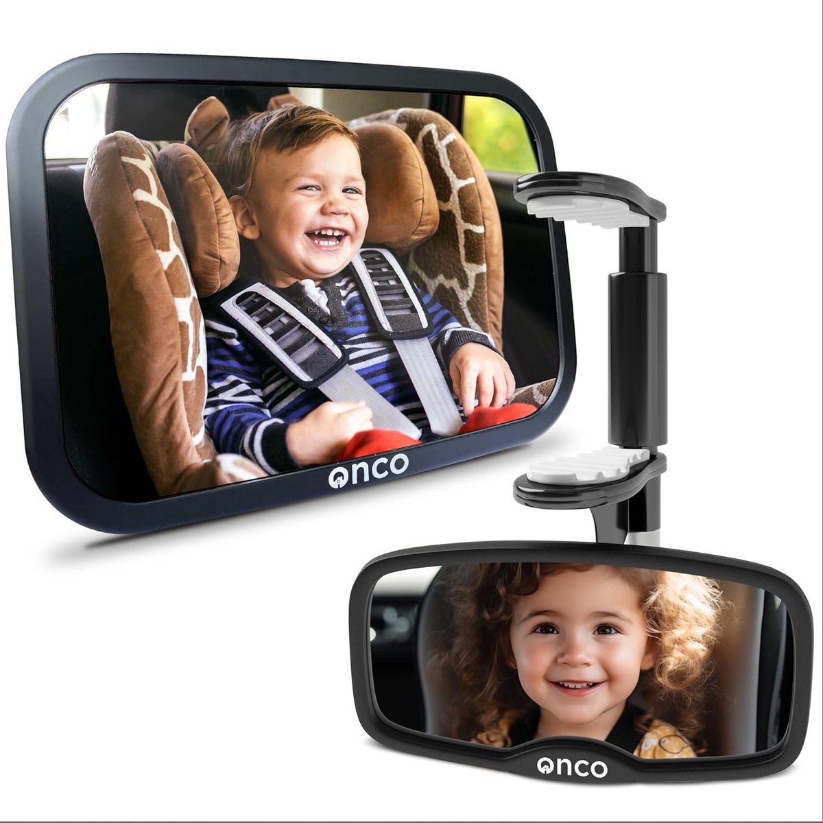 SnelShoppen - Onco Baby Auto Spiegel Set - Achterwaarts & Voorwaarts Kijken, 100% Onbreekbaar & Trillingsvrij, Duidelijk Zicht met 360° Rotatie & Clip