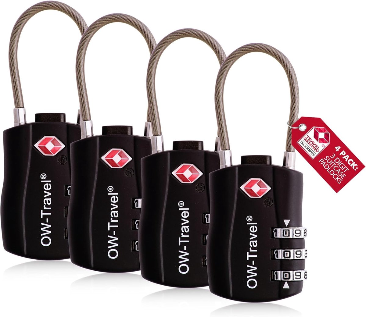 SnelShoppen - TSA Hangslot Kabelslot 3 Cijfers - Kofferslot Bagageslot Zwart - 4 Stuks - Ideaal voor Reizen, Rugzakken, Gymkluisjes & Handbagage