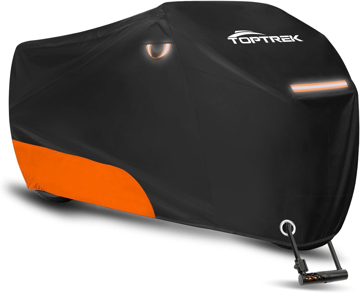 SnelShoppen - Motorafdekzeil XXL, Waterdicht Outdoor Motorgarage, Winterbestendig met Slotgat, Zwart/Oranje, 265 x 105 x 125 cm, Geschikt voor Harley-