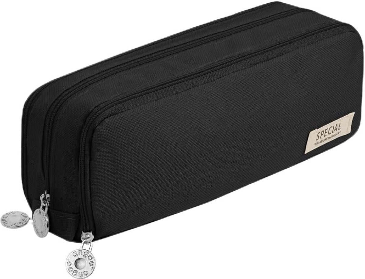 SnelShoppen - Groot Capaciteit Pen Etui 3 Compartimenten - Zwart - Scheurvast en Krasbestendig - Voor Tieners, Meisjes en Dames - School en Kantoor