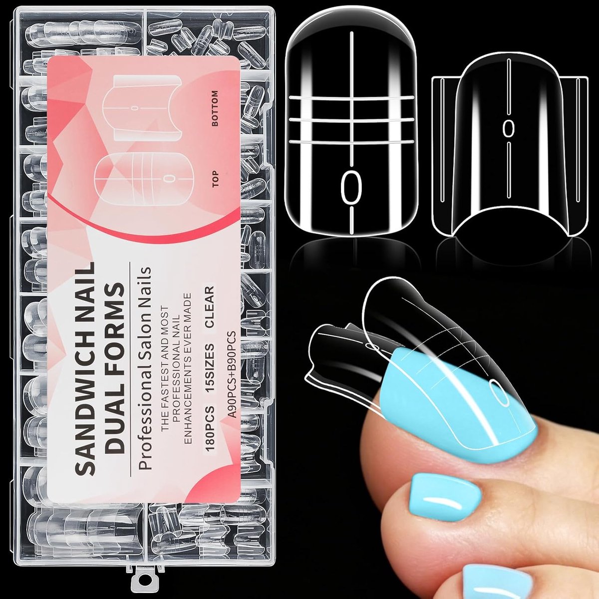 SnelShoppen - 180 Stuks Polygel Nagelvormen voor Voeten, Sandwich Dubbele Voetnageltips voor Pedicure Nagelverlenging, Herbruikbare Vierkante Voetnage