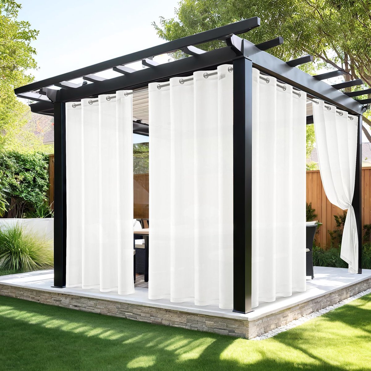 SnelShoppen - Waterdichte Buiten Gordijnen met Ringen, 2 Panelen, Halftransparant, 140 x 245 cm, Wit, Ideaal voor Tuin, Balkon en Paviljoen