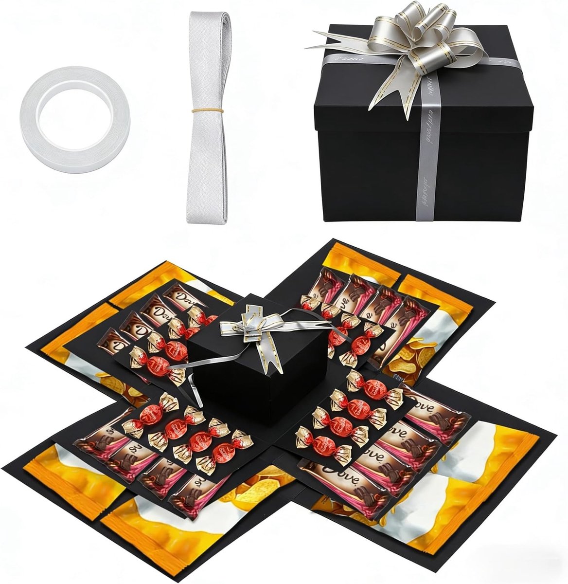 SnelShoppen - Verrassingsdoos 5-laagse Geschenkdoos Zwart Doe-Het-Zelf Explosiebox met Deksel Creatieve Geschenkdoos voor Verjaardag Bruiloft Reizen J