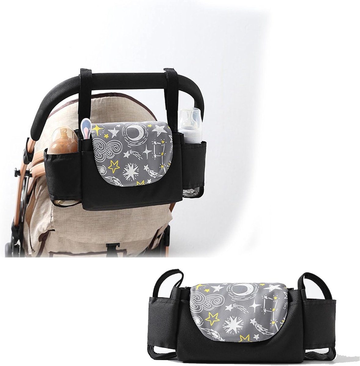 Thijox - Universele Kinderwagentas met 2 Geïsoleerde Bekerhouders, Opbergvak, Luier- en Telefoonhouder, Zwart, 35 x 11 x 15 cm voor Kinderen en Dageli