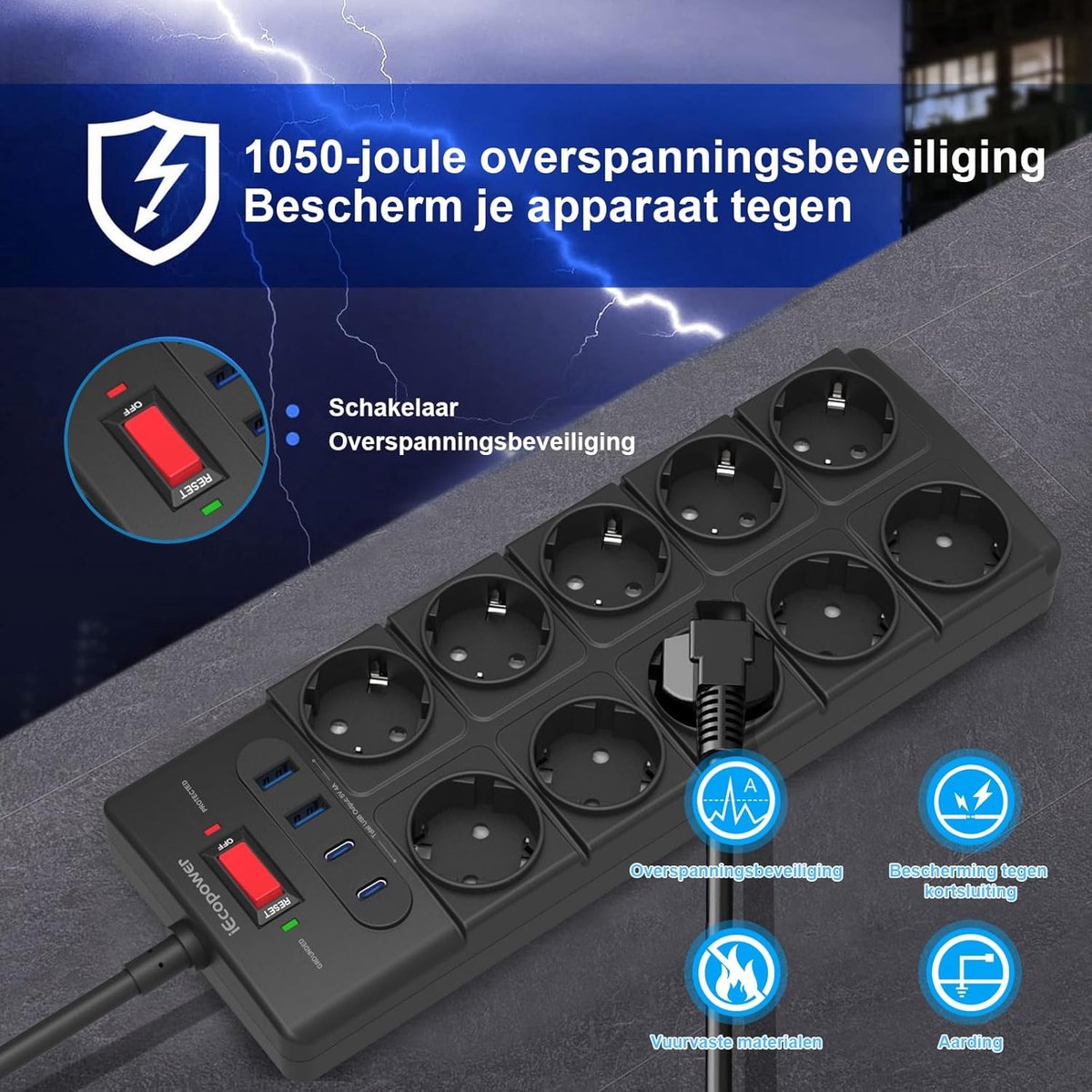 SnelShoppen - 10-stopcontacten stekkerdoos met 4 USB-poorten (2x USB-C PD 20W, 2x USB-A), 4000W/16A, overspanningsbeveiliging, 5m verlengkabel - zwart