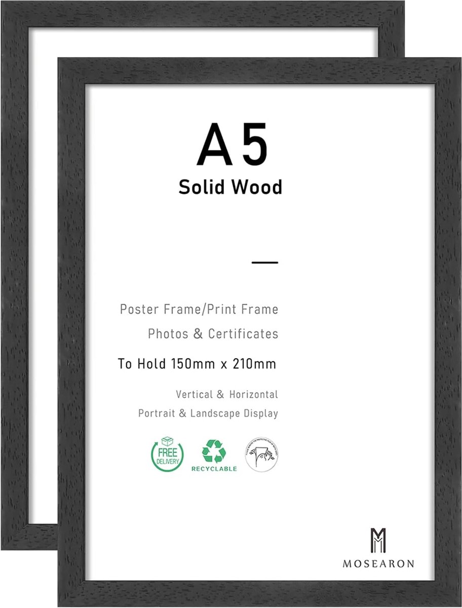 SnelShoppen - A5 zwarte houten fotolijst met plexi-glass front, wandmontage, set van 2, 15 x 21 cm - Perfect voor kinderen, feest, vakantie en persoon