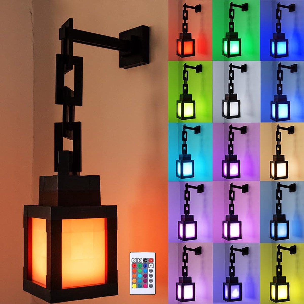 SnelShoppen - Pixelated Lantaarn Nachtlampje 16 Kleuren Draagbaar LED Sfeerlicht met Afstandsbediening en Dimmfunctie - Perfect voor Kinderen, Tieners