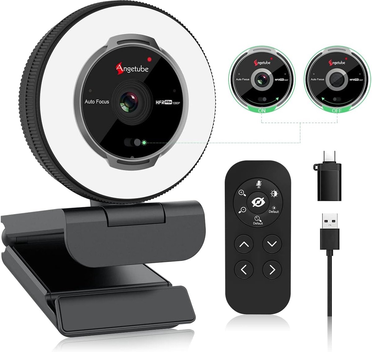 SnelShoppen - Streaming Webcam Met Microfoon - 1080P 60Fps USB Webcam met Ringlicht en Afstandsbediening - HD-Webcam met 5X Digitale Zoom en Privacyco