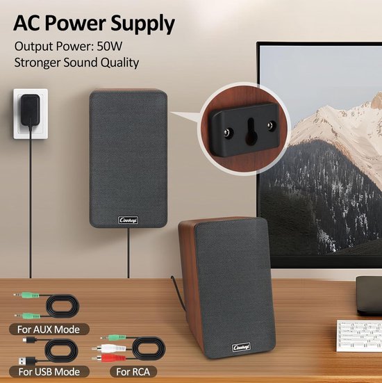 SnelShoppen - 50W AC Aangedreven Boekenplank Luidsprekers - Passieve 2.0 Computerluidsprekers met Bluetooth/RCA/AUX/USB - Sterke Bas voor TV/PC/Laptop van Snelshoppen — afbeelding 2