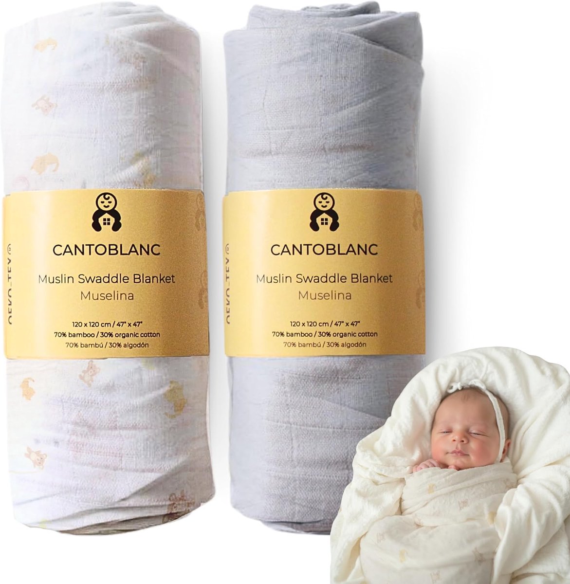 SnelShoppen - Mousseline Dekens voor Baby's Katoen Bamboe 120x120 cm - Zeer Zacht en Hypoallergeen - Swaddle Newborn Muslin Blanket (2x) Lichtgrijs en