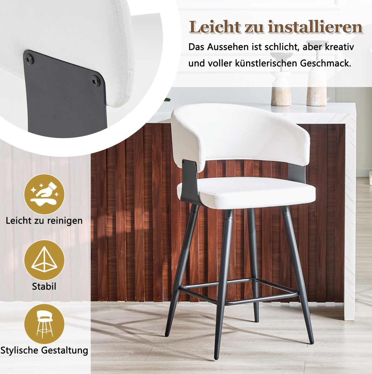 MEUNIQ barkruk set van 2 met rugleuning en voetsteun, kunstleren zitting, metalen onderstel, zithoogte 64 cm, voor keuken, bar of kookeiland, wit