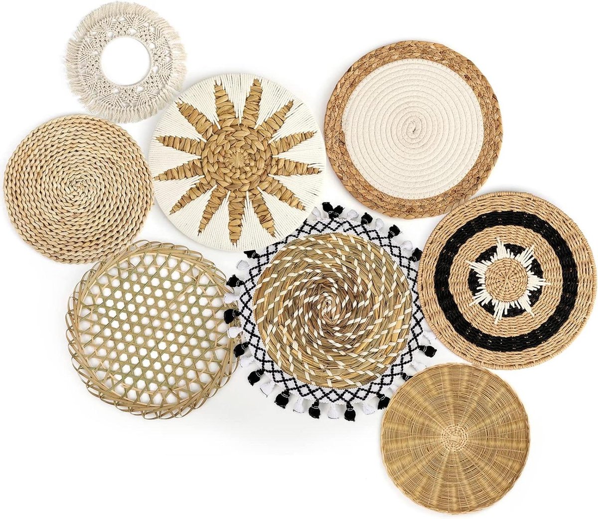 Wanddecoratie Set - Boho Manden - Woonkamer Aankleden - Handgemaakt Natuurlijk Materiaal - 8 Delig - Natuurlijk