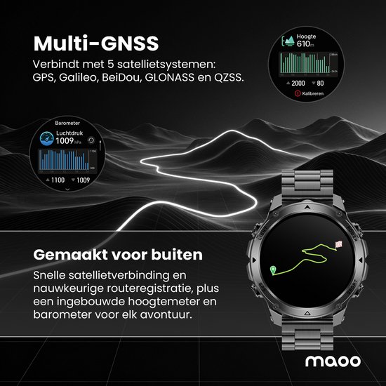 Grijze smartwatch met metalen band op een landschap met bergtoppen, die Multi-GNSS en hoogtemeter/barometer data toont.