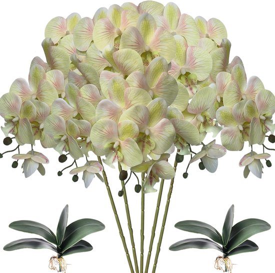 Kunstorchideeën set - Nep bloemen - Woning decoratie - Echte aanraking - 80 cm - Lichtgroen roze
