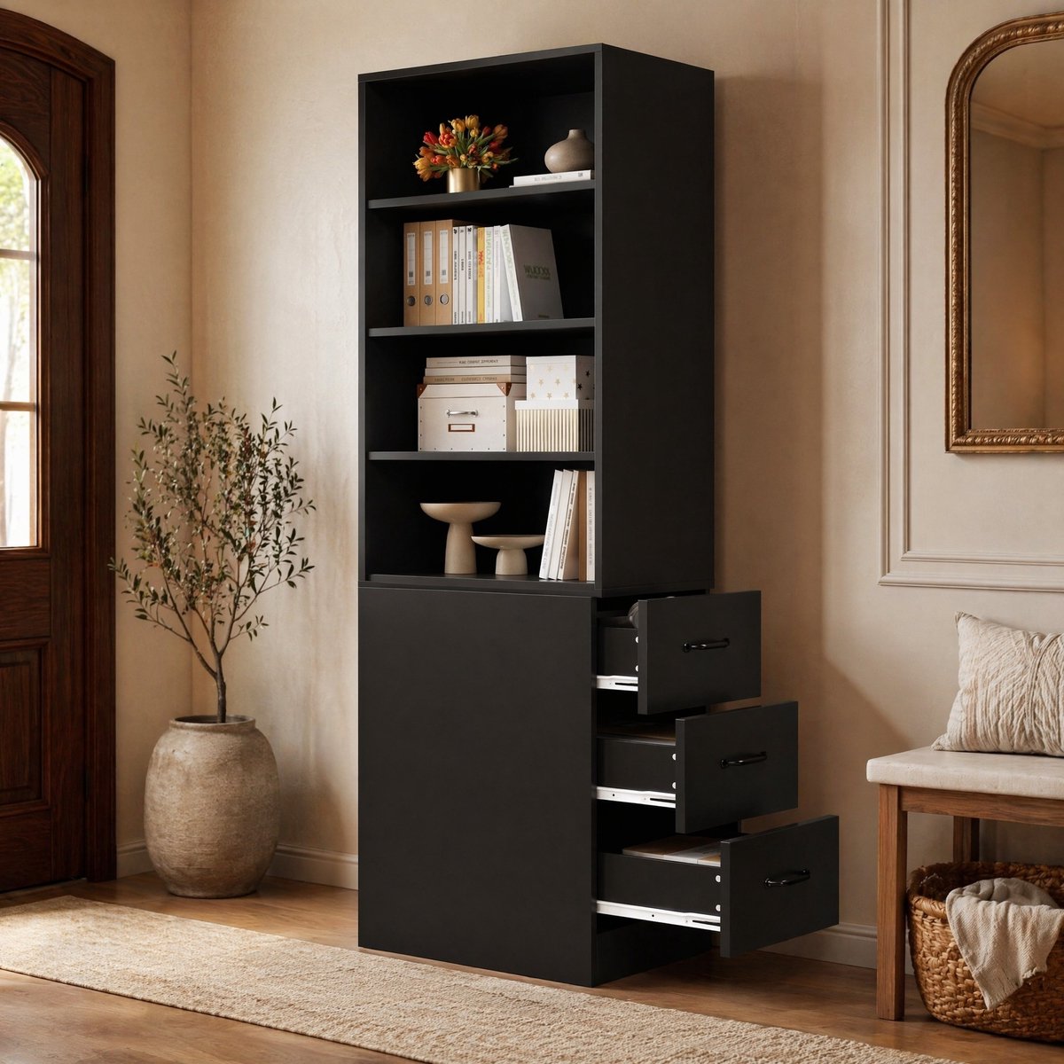 Wishdor - Boekenkast - Smal hoog model met 3 zijdelingse lades en verstelbare planken - modern - voor kleine ruimtes - houtlook - zwart - 60 x 38 x 180 cm