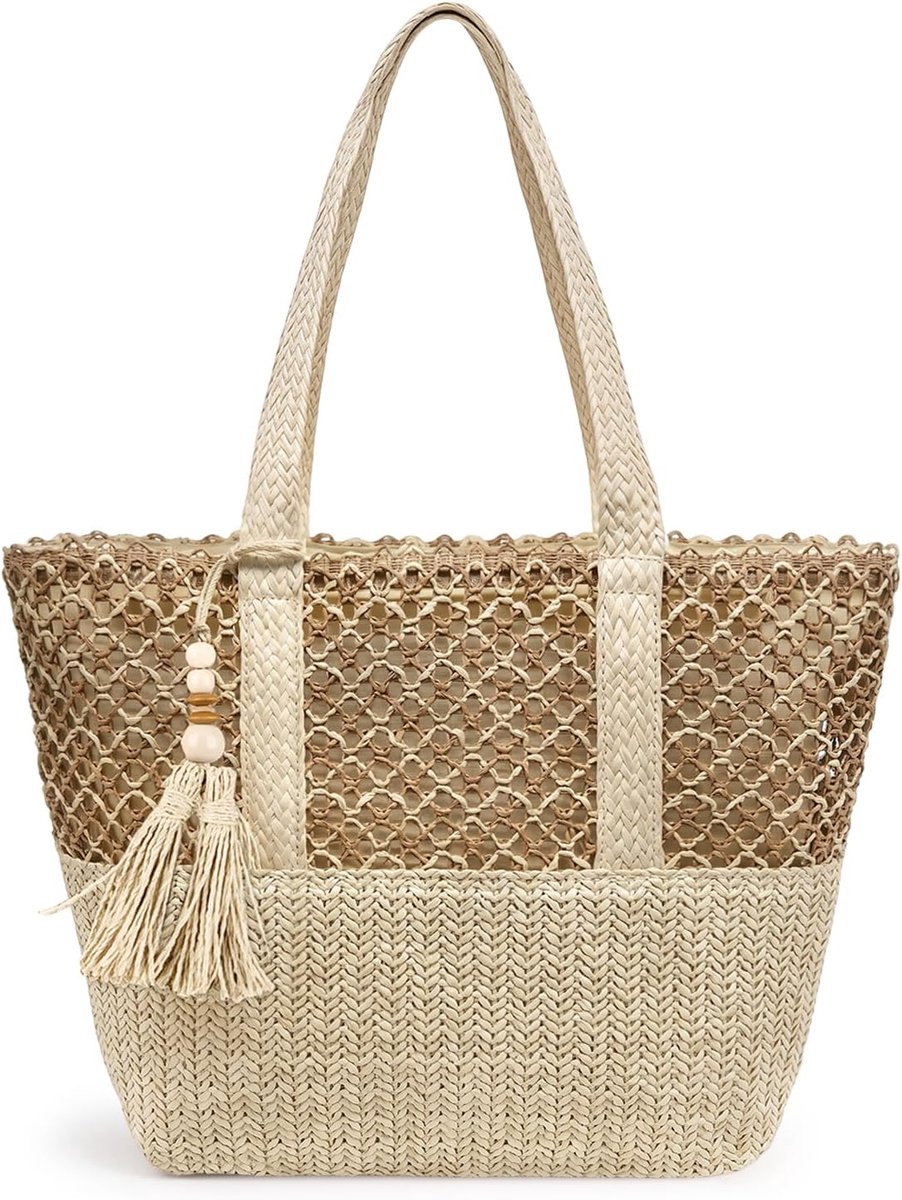 Thijox - Aucuu Stro Strandtas Dames, Opvouwbare Grote Geweven Stro Tas, Boho Strandtas met Ritssluiting, Lichtgewicht en Ruim voor Zomer, Winkelen, Re