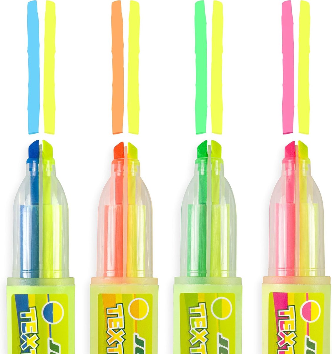 Thijox - JOLLY 2-in-1 Dubbele Markeerstift, 4 Lichtstiften met 2 Kleuren per Pen, Niet-Giftige Sneldrogende Universele Inkt op Waterbasis, Extra Lange
