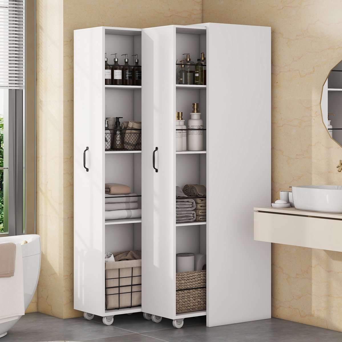 Wishdor - Boekenkast - Uitschuifbaar op wielen - 2 modulaire open kasten met 4 niveaus - Modern - Woonkamer badkamer keuken - Houtlook - Wit - 51,5 x 41 x 158 cm