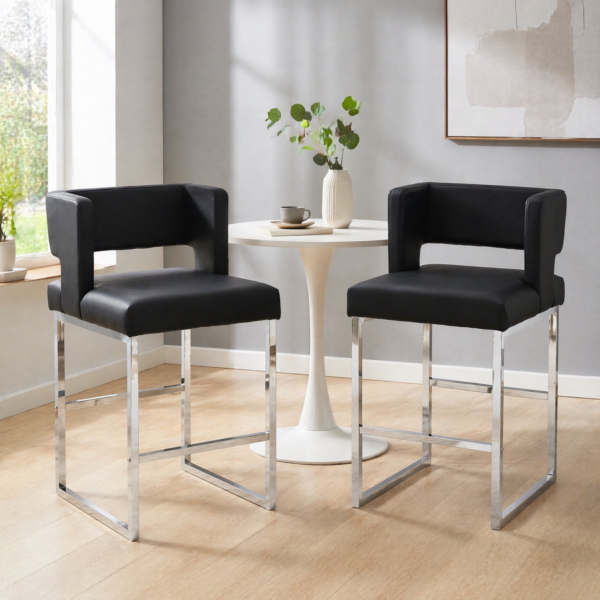 MODENUIT Barkruk 91,4 cm - Set Van 2 Met Rugleuning En Gewatteerde Zitting - Voor Bar En Keukeneiland - Kunstleer Metaal - Zwart Zilver