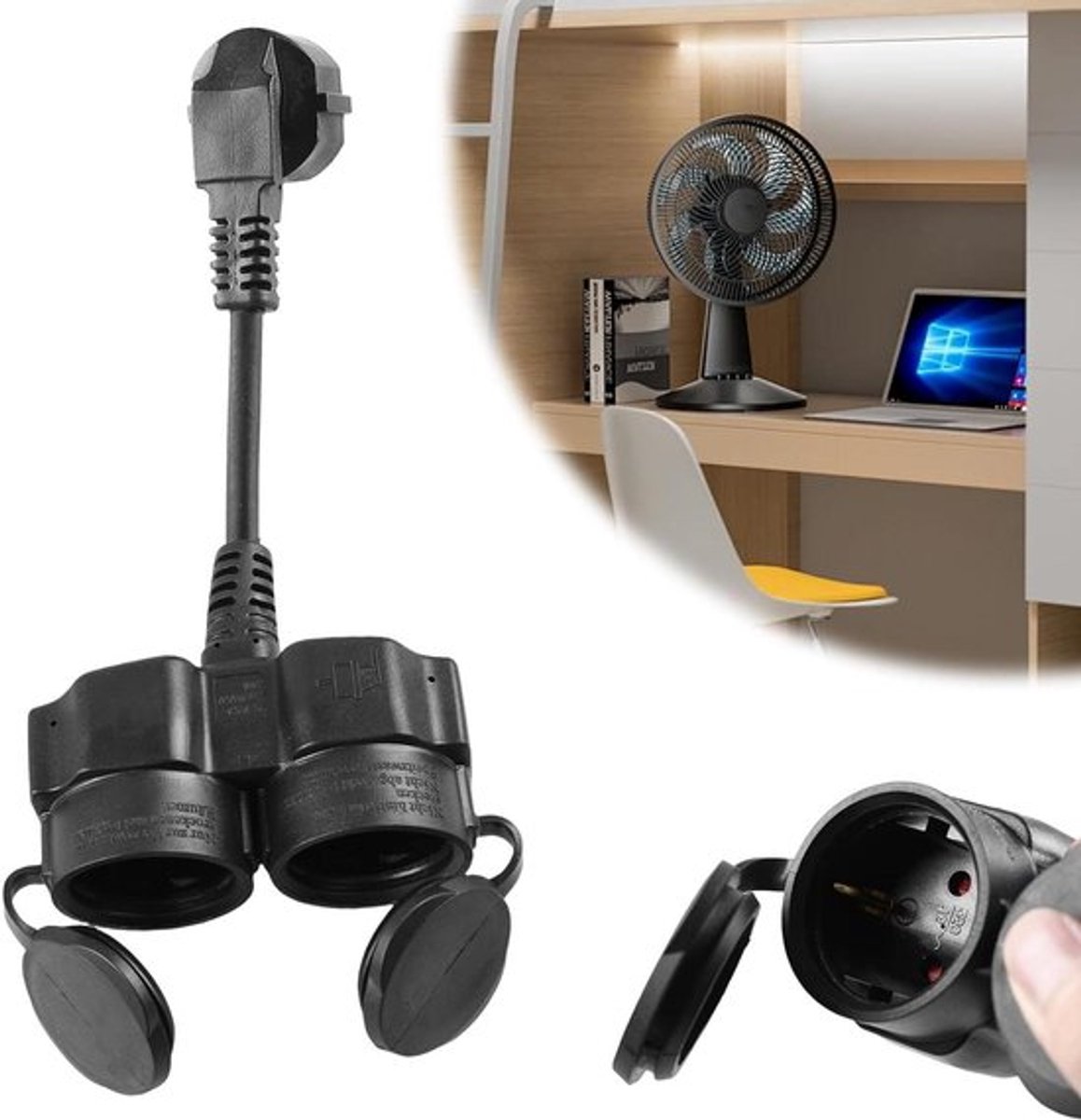 Verlengkabel met 2 Schuko stopcontacten - Meervoudige stekkerdoos voor buiten - 2-in-1 stekkeradapter 16 A / 250 V - Dubbele stekker voor huis kantoor keuken (zwart)