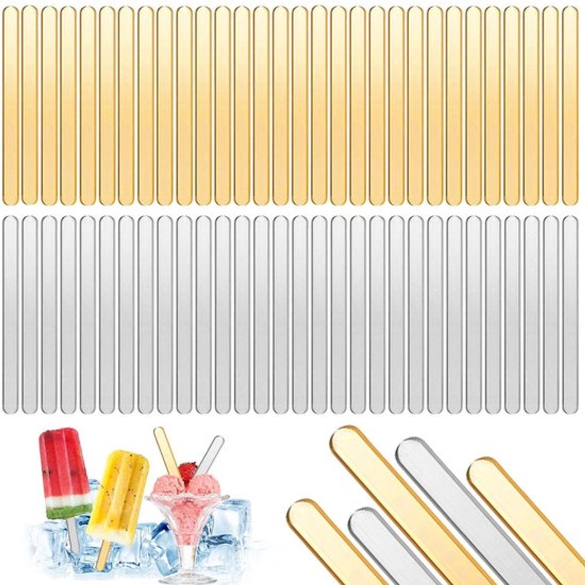 60 acryl ijsstokjes, creatief en duurzaam, herbruikbare ijsstokjes voor zelfgemaakte popsicles, goud en zilver.