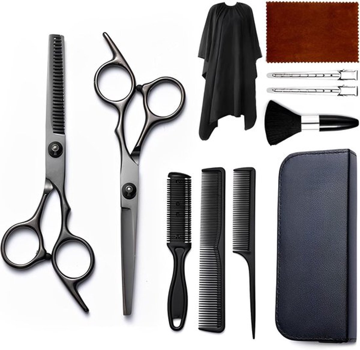 Kappersschaar Set - Set van 11 - Met Kappersmantel Kapperschaar Uitdunschaar Haarclip Kam en Opbergdoos - 17cm - Voor Dames en Heren