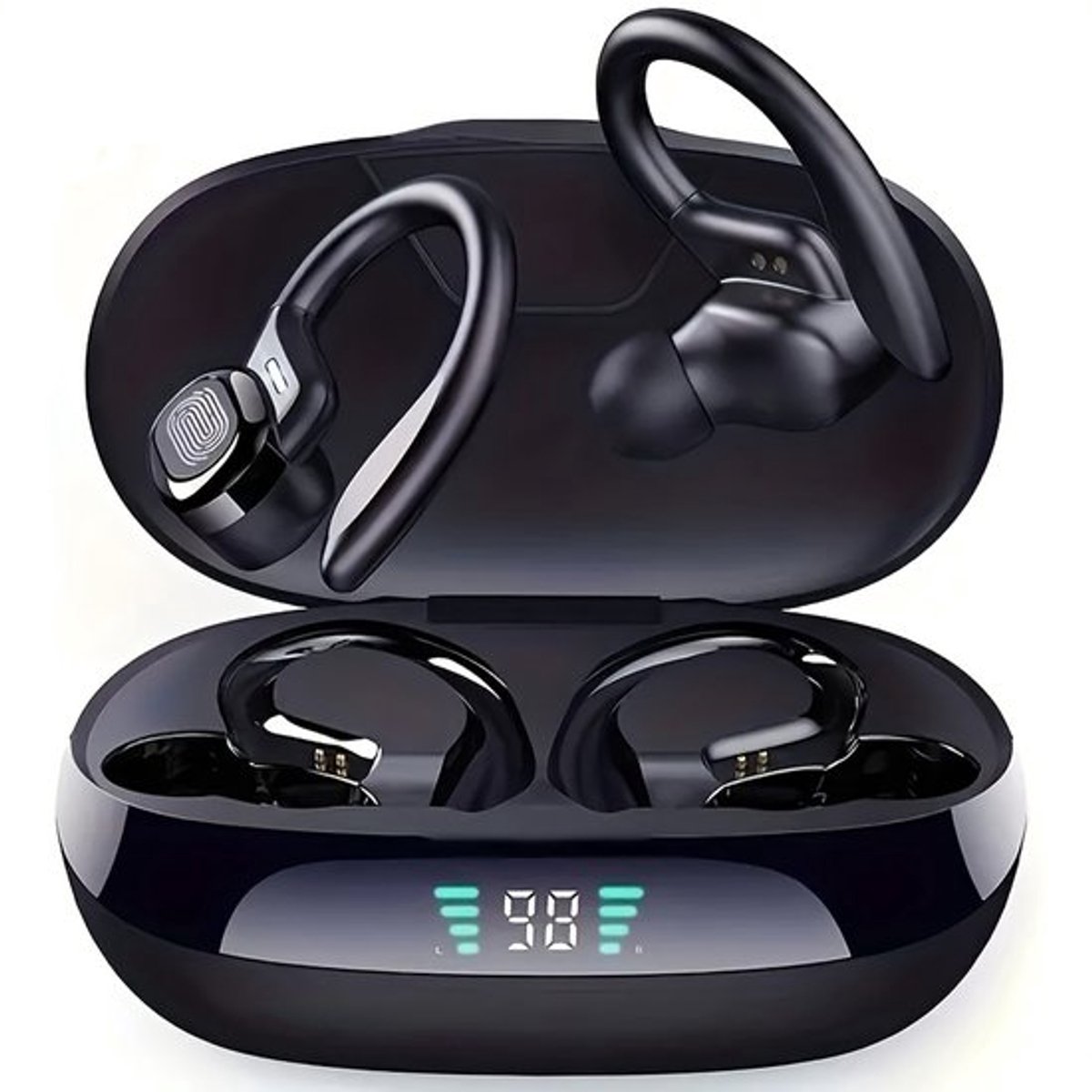 Draadloze Bluetooth-oordopjes met ENC-microfoon (ruisonderdrukking), sportieve oorhaakjes, stereo in-ear hoofdtelefoon, oplaadcase met LED-display, TWS-oordopjes - Zwart