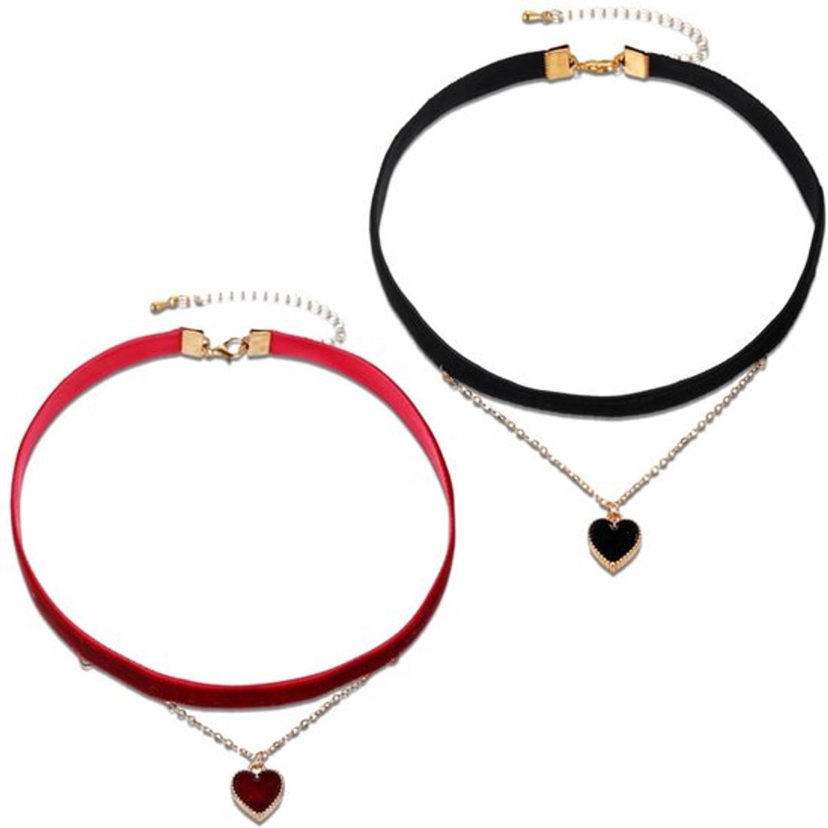2 Stuks Dames Fluwelen Choker, Gothic Hart Ketting, Klassieke Kraag Verstelbaar in Lagen, Sieraden Kruk voor Meisjes, Choker, Dames (Rood, Zwart), Metaal