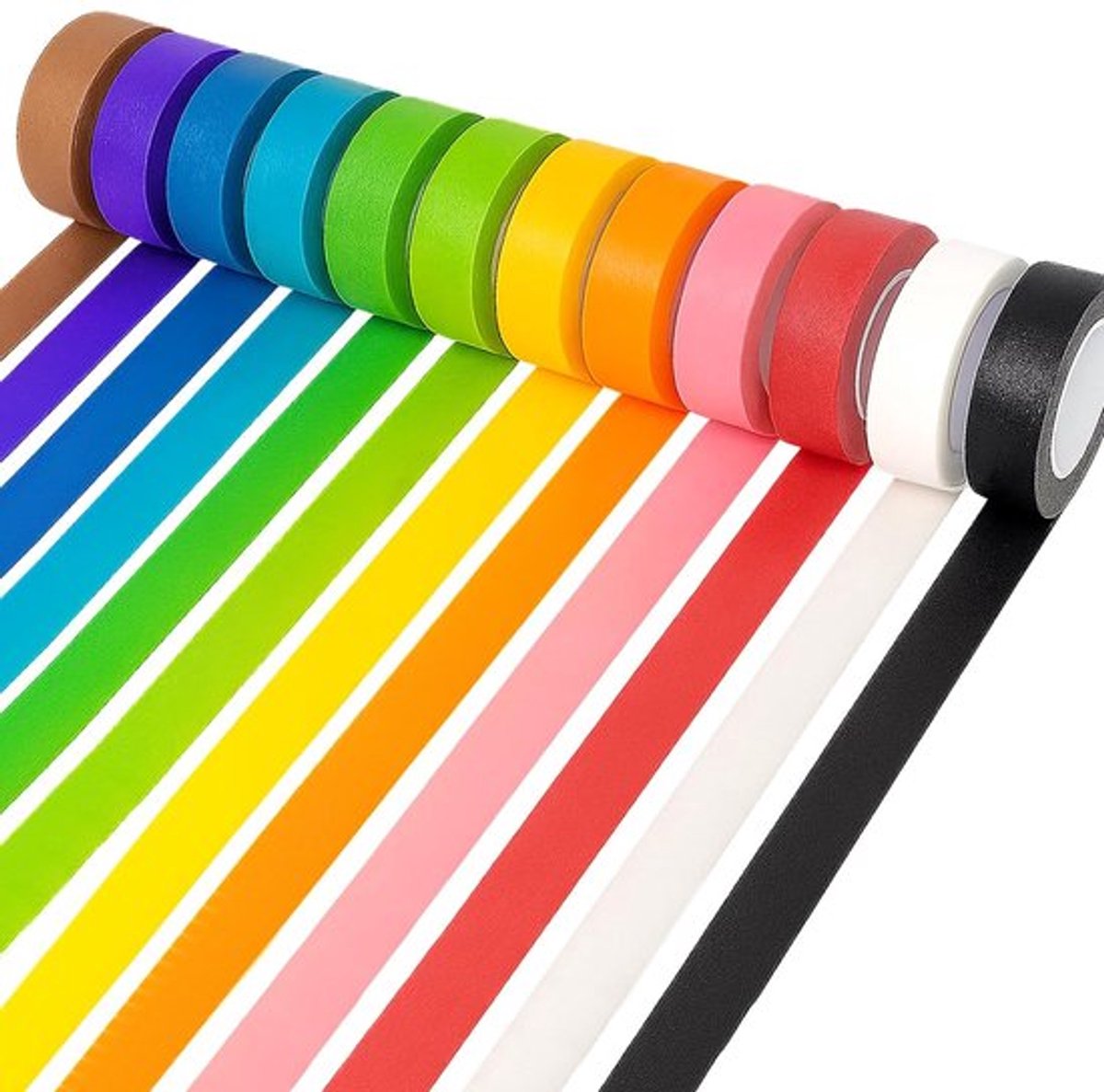 12 stuks kleurrijke afplaktape, gekleurde tape voor kunstbenodigdheden, kerstknutseltape, kleurrijke schilderstape voor markeringen, klaslokaal, decoratie, regenboogkleurige tape op rol (1,7 cm x 20 m)