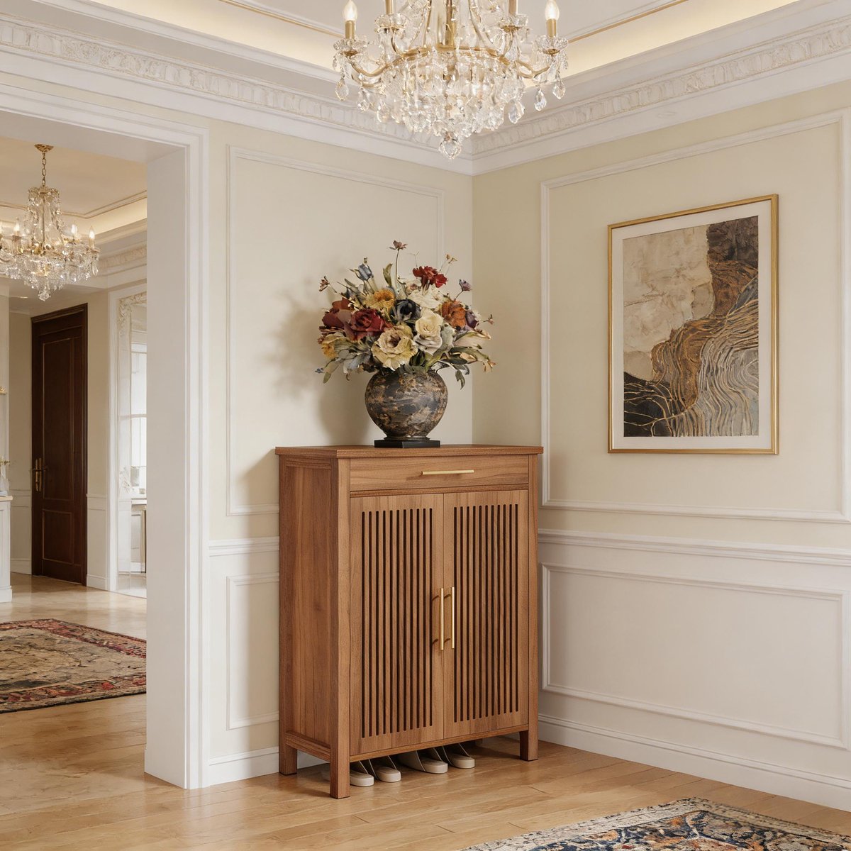 Wishdor - Schoenenkast - 5-laags met lade en lameldeuren - vintage landelijke stijl - voor hal of slaapkamer - houtlook met metaal - bruin - 80 x 36 x 108,99 cm