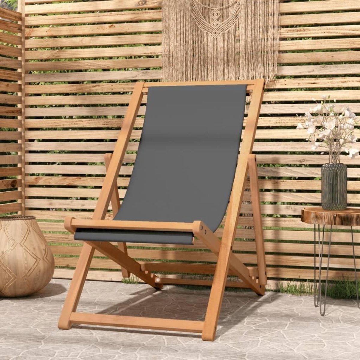 Strandstoel Hout - Loungestoel Ligstoel - Ontspannen Buiten - Verstelbare Rugleuning - 56 x 105 cm - Grijs