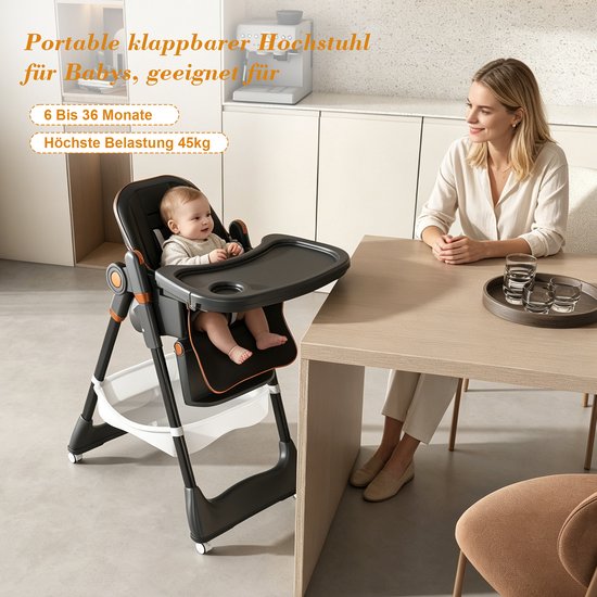 MIVRAY Kinderstoel - Verstelbaar en Inklapbaar - 53 x 76 x 95 cm - Staal en Kunststof en PU - Zwart - Met Afneembaar Dubbel Eetblad en Opbergmand — afbeelding 5