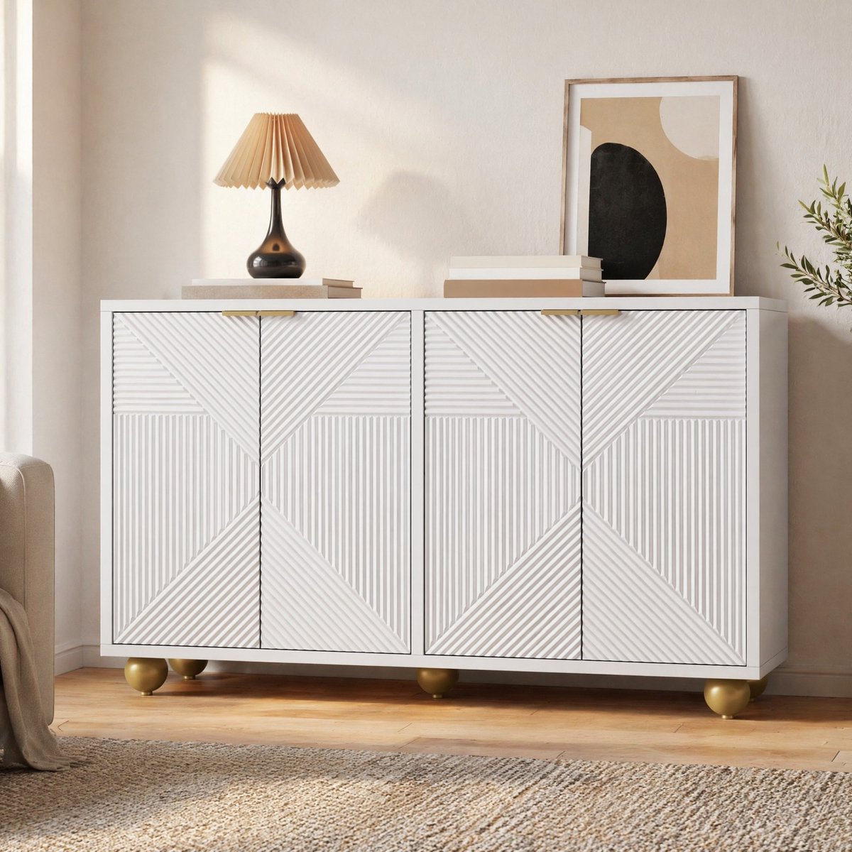 Wishdor - Dressoir - 4 deuren met gegraveerd patroon - verstelbare planken - modern klassiek - woonkamer hal eetkamer - houtlook wit - 120 x 35 x 71,5 cm