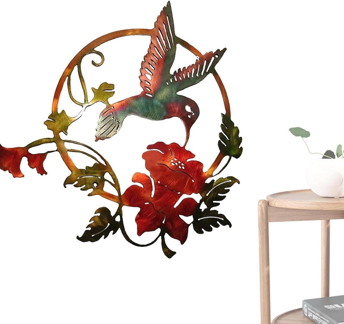 Metalen Wanddecoratie - Vogel Silhouet - Tuin Decoratie - Duurzaam Metaal - 32 cm Rond - Natuurlijk