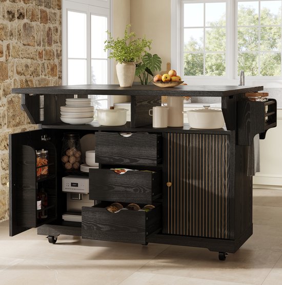 MEUNIQ keukenwagen met uitklapbare zijbladen 142,5 x 80 x 95 cm, 3 lades, verstelbare plank, handdoekstang en vergrendelbare wielen, zwart — afbeelding 3