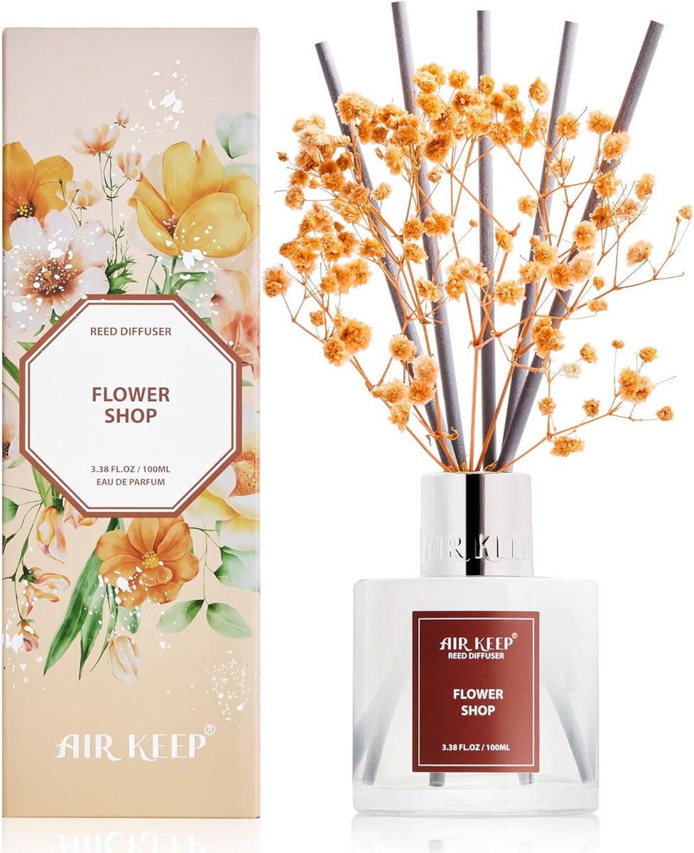 SnelShoppen - Airkeep Rietdiffuser Flower Shop met 8 Aromastokjes, Luchtverfrisser 100ml voor Woonkamer, Slaapkamer, Badkamer, Huisdecoratie, Geurvers