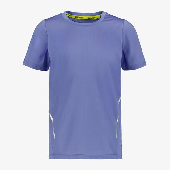 Blauw Osaga Dry sport T-shirt met korte mouwen, perforaties en twee verticale reflecterende strepen aan de zijkant. Gele kraagband met 'OSAGA DRY' tekst.
