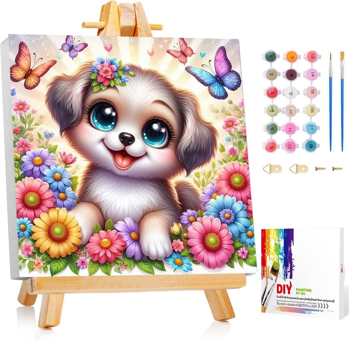 SnelShoppen - Schilderen op Nummer Hond voor Kinderen vanaf 10 Jaar, DIY Knutselset met Lijst, Dieren Schilderij 20x20 cm, Perfect Cadeau met Ezel