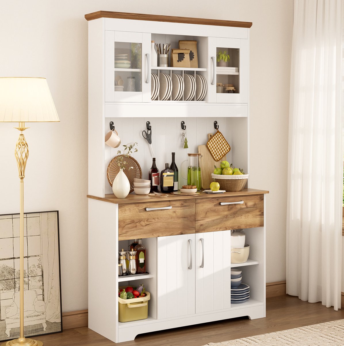 Wishdor - Keukenkast - ruime opbergkast met vitrinedeuren, 2 lades en haken - modern Scandinavisch voor keuken en eetkamer - houtlook wit/naturel - 106 x 39 x 176,5 cm