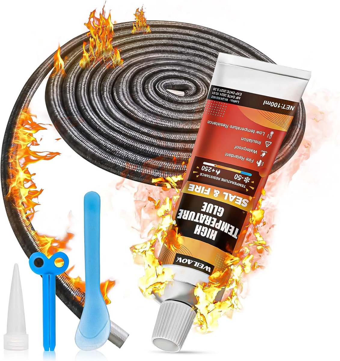 SnelShoppen - 100 ml Hoge Temperatuur Lijm + 2.5 m Houtkachel Afsluit Silikon - Geschikt voor Kachels, Open Haarden - 8 mm Diameter - Ideaal voor Verb