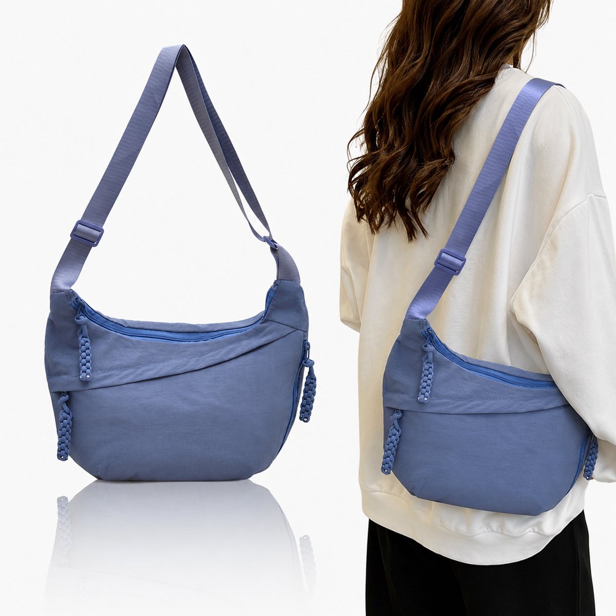 Tas-Modieuze Crescent Crossbody Tas -Dames heuptasje-Nylon Schoudertas Dames - Lichtgewicht Hobo Bag voor Dames - Dumpling Tas voor Reizen en Outdoor - Multifunctionele Handtas met Gesp - Blauw