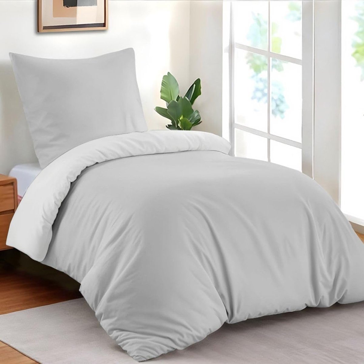 SnelShoppen - Duvet cover 140x200 cm met 1 kussensloop 65x65 cm - Lichtgrijs/wit - 140x200 Bedset van 100% microvezel - 2-delig - Oeko TEX gecertifice